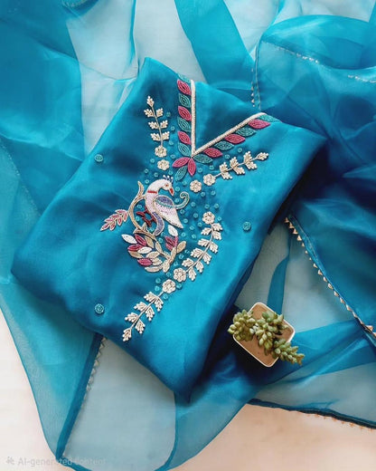 Organza Peacock Pearl handwork unstitched