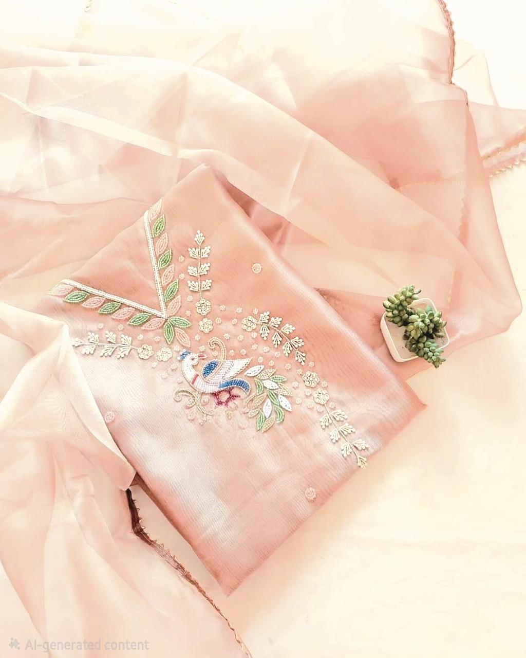 Organza Peacock Pearl handwork unstitched