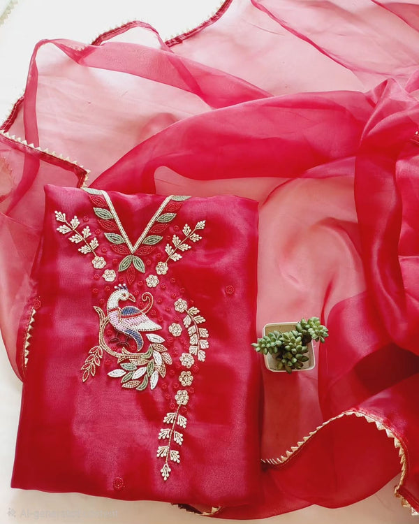 Organza Peacock Pearl handwork unstitched