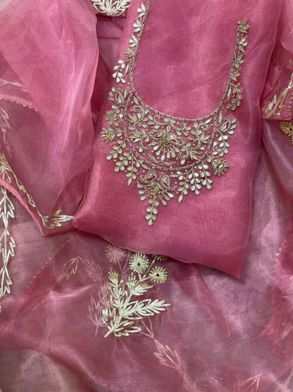 Blue Pink Organza Unstitched Suit Set