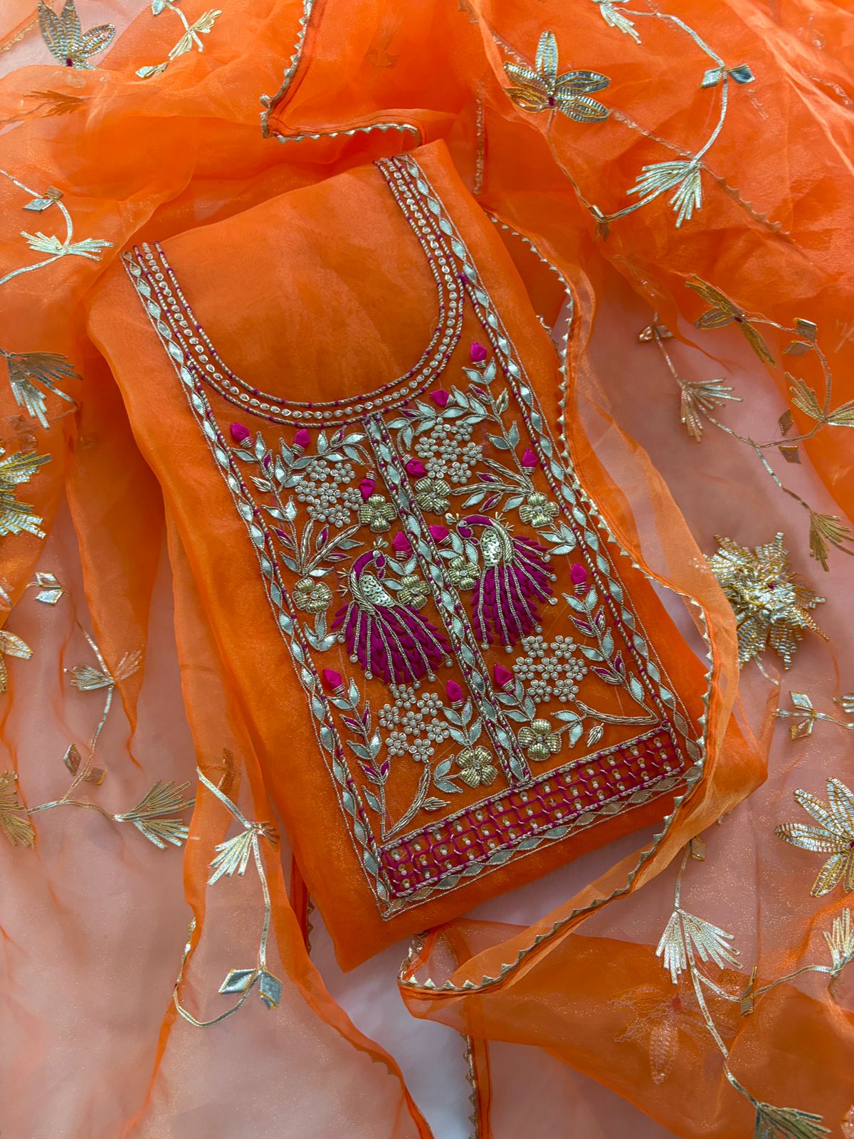 Beige Blue Orange Organza