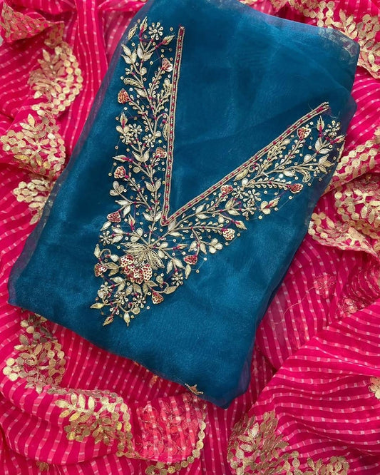 Organza zardogi handwork unstitched suit