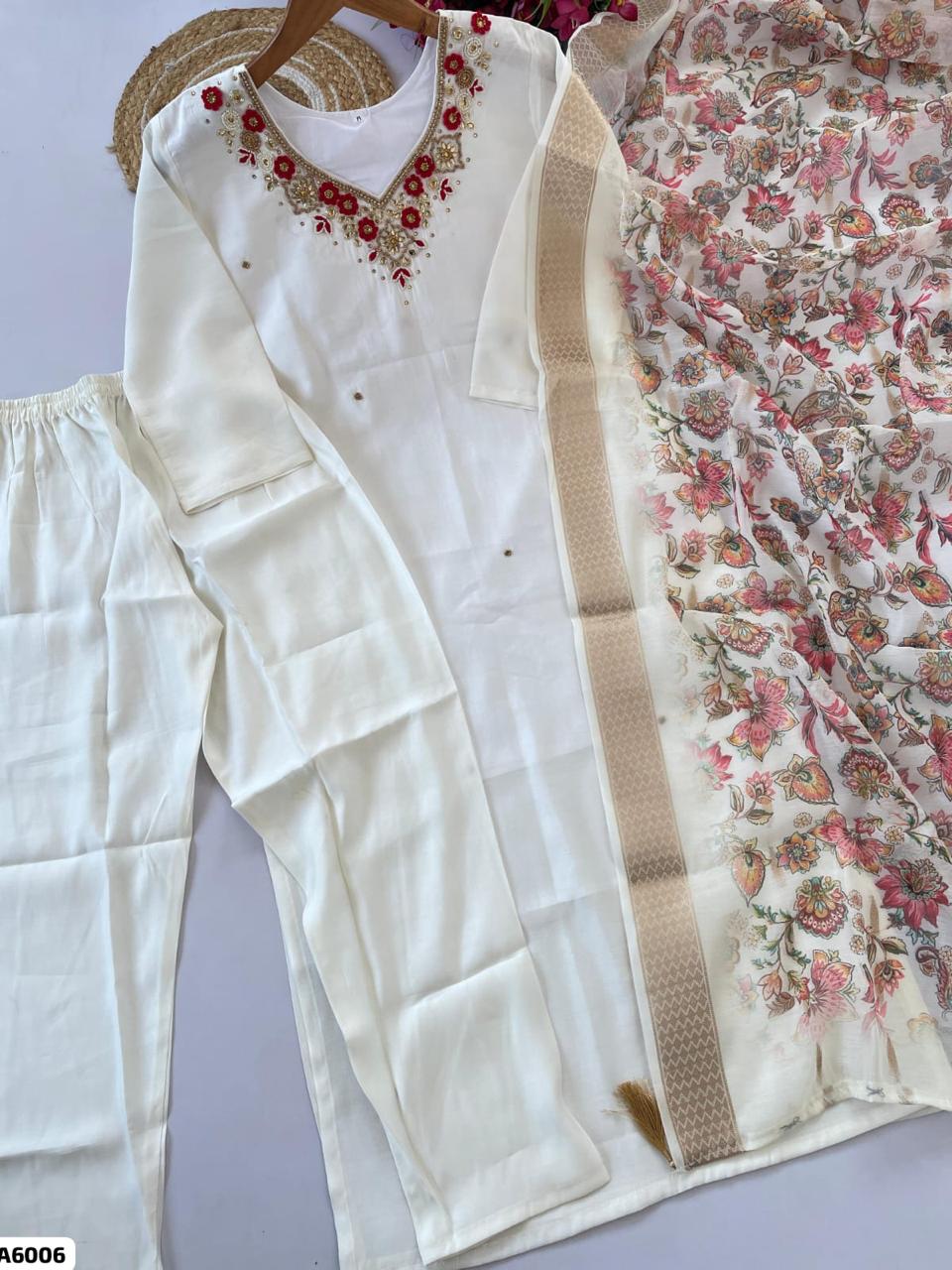 White Roman Silk Handwork Suit Set