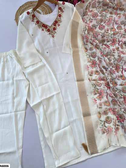 White Roman Silk Handwork Suit Set