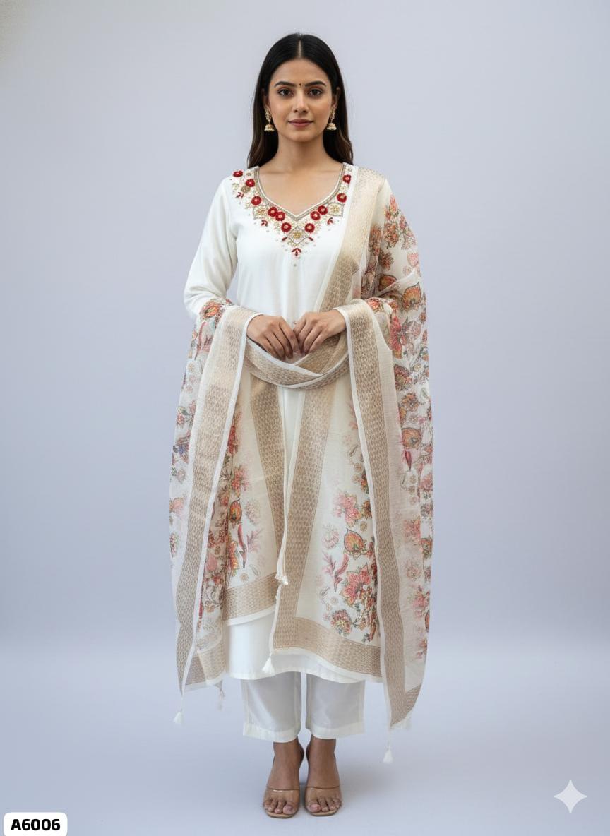 White Roman Silk Handwork Suit Set