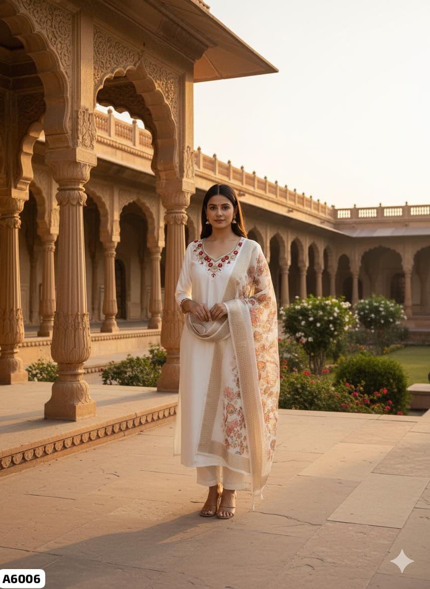 White Roman Silk Handwork Suit Set