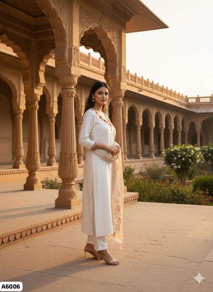 White Roman Silk Handwork Suit Set