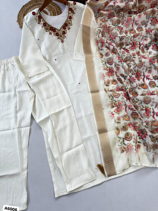 White Roman Silk Handwork Suit Set