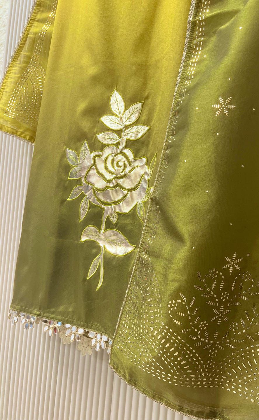 Olive Soft Tissue Shimmer Silk Embroidered Unstitched 3-Piece Set&nbsp;