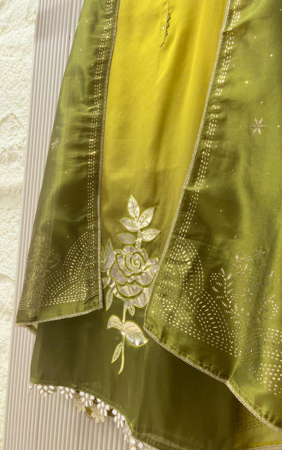 Olive Soft Tissue Shimmer Silk Embroidered Unstitched 3-Piece Set&nbsp;