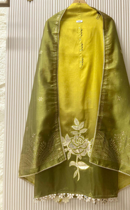 Olive Soft Tissue Shimmer Silk Embroidered Unstitched 3-Piece Set&nbsp;