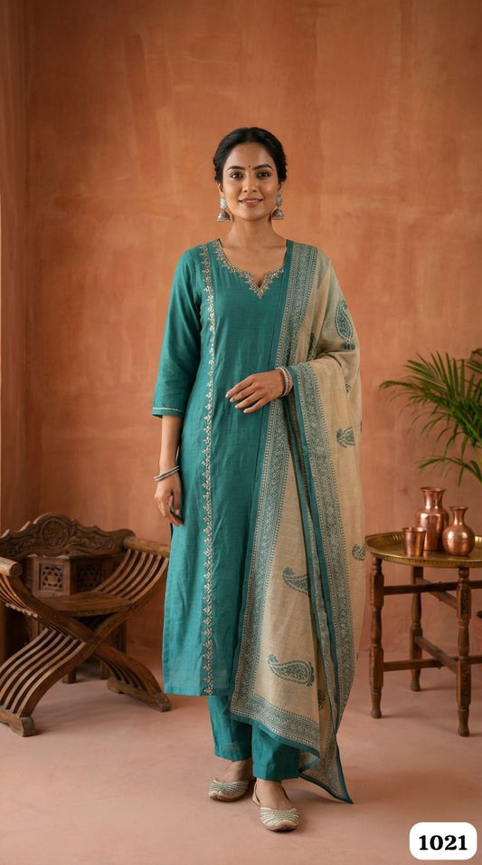 Teal Glow Chanderi 3-Piece Set