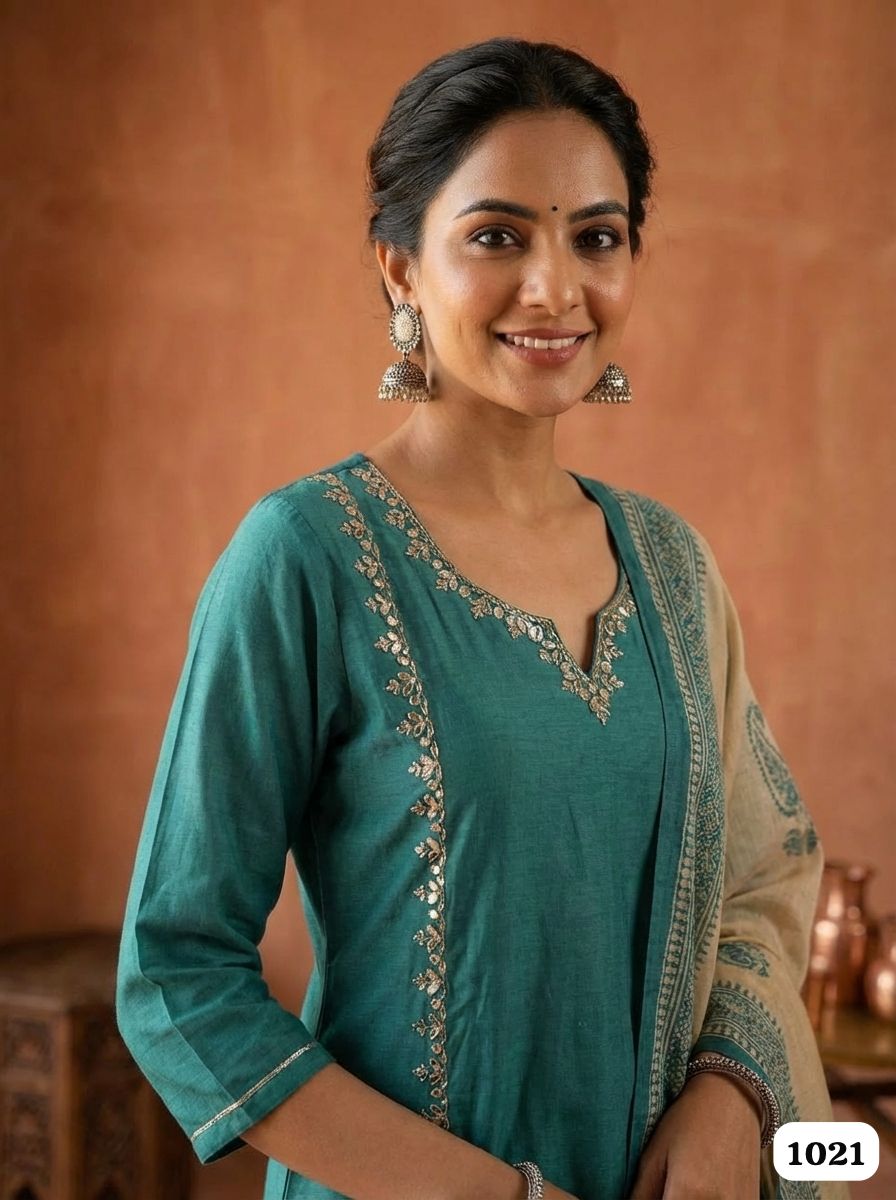 Teal Glow Chanderi 3-Piece Set
