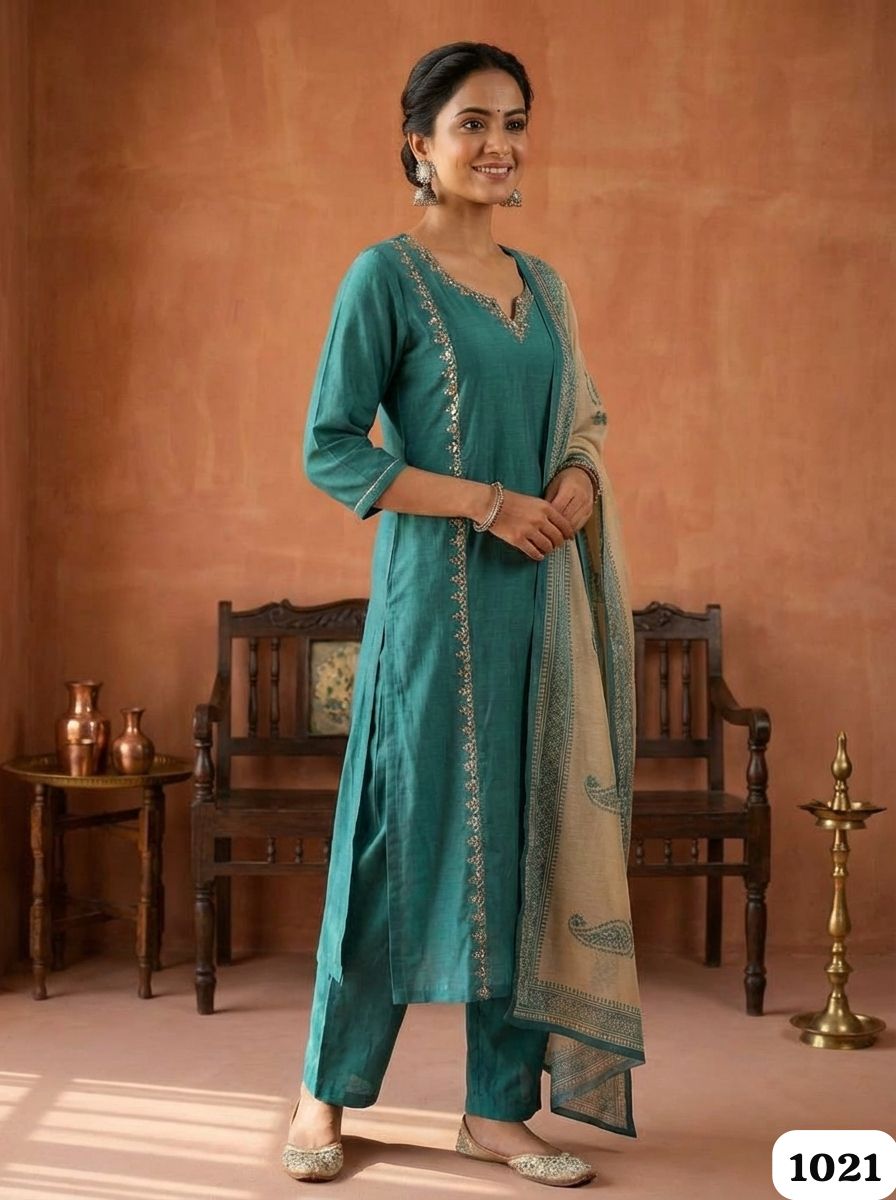 Teal Glow Chanderi 3-Piece Set
