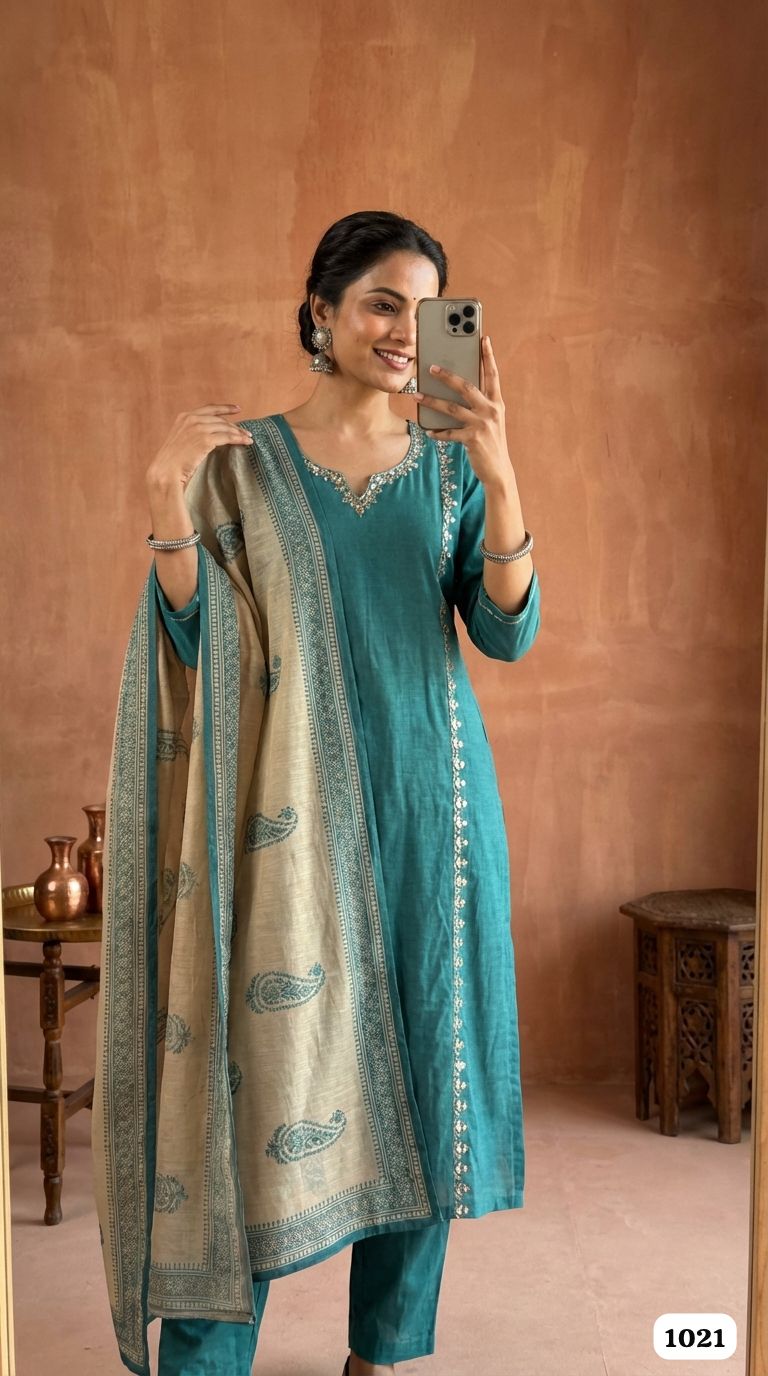 Teal Glow Chanderi 3-Piece Set