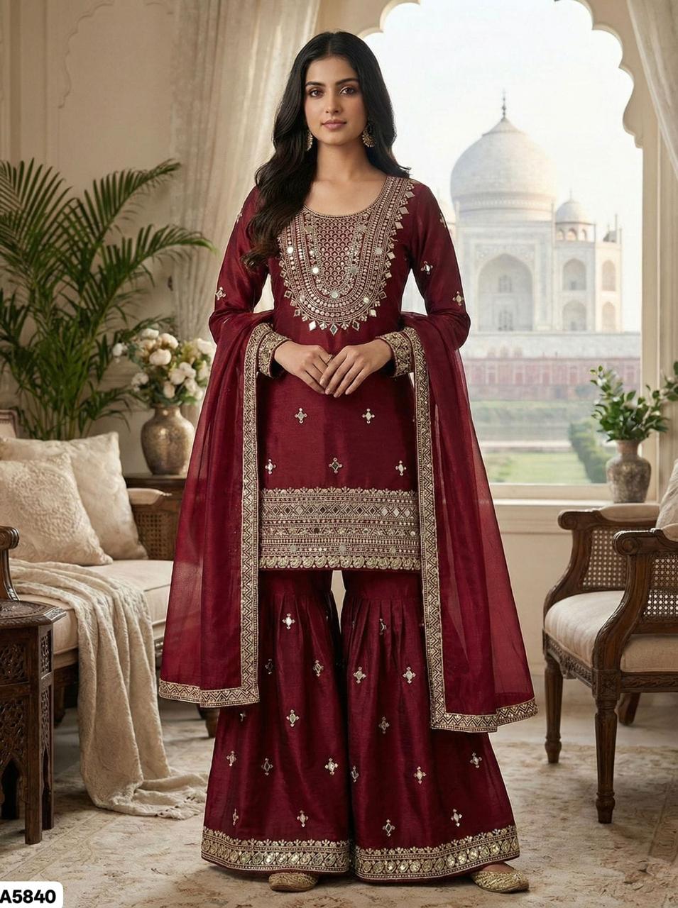Maroon Designer Silk Sharara Set
