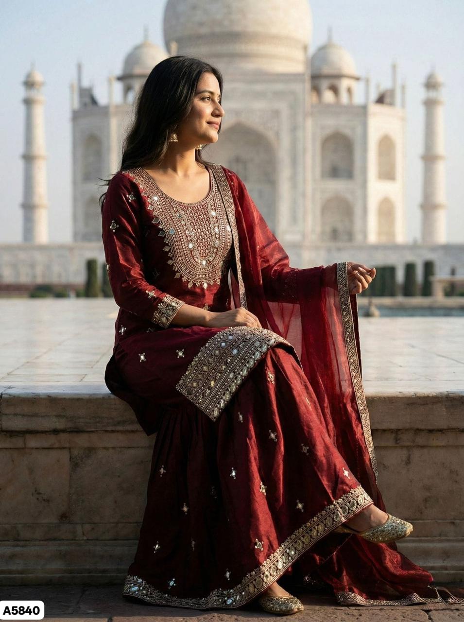 Maroon Designer Silk Sharara Set