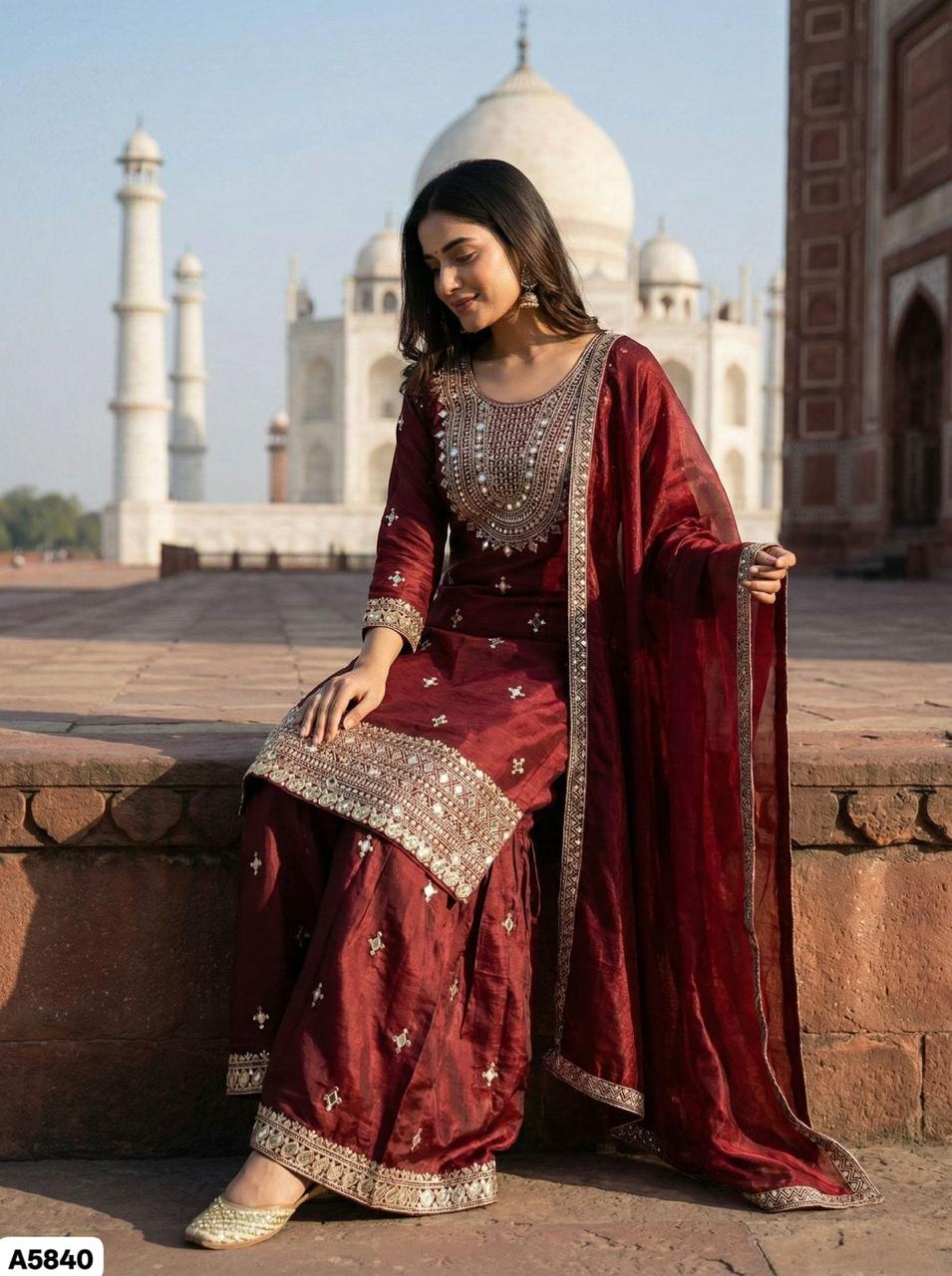 Maroon Designer Silk Sharara Set
