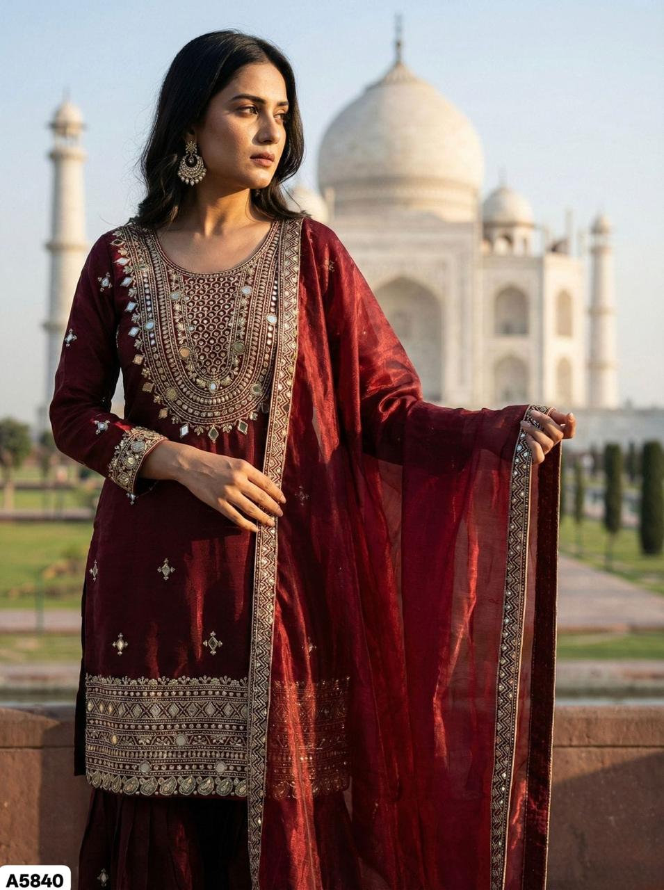 Maroon Designer Silk Sharara Set