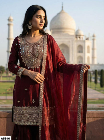 Maroon Designer Silk Sharara Set