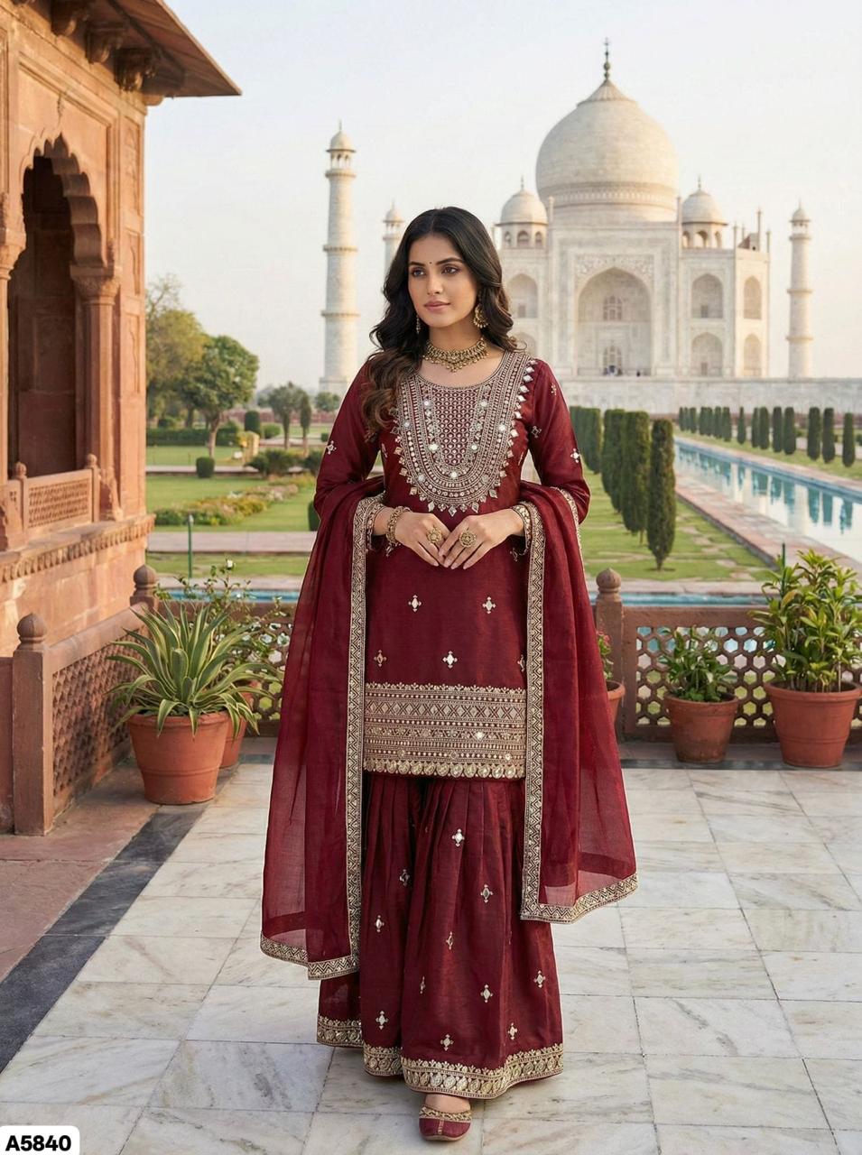 Maroon Designer Silk Sharara Set