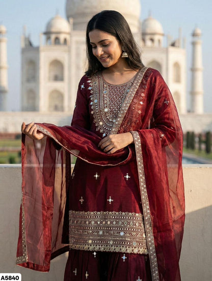 Maroon Designer Silk Sharara Set