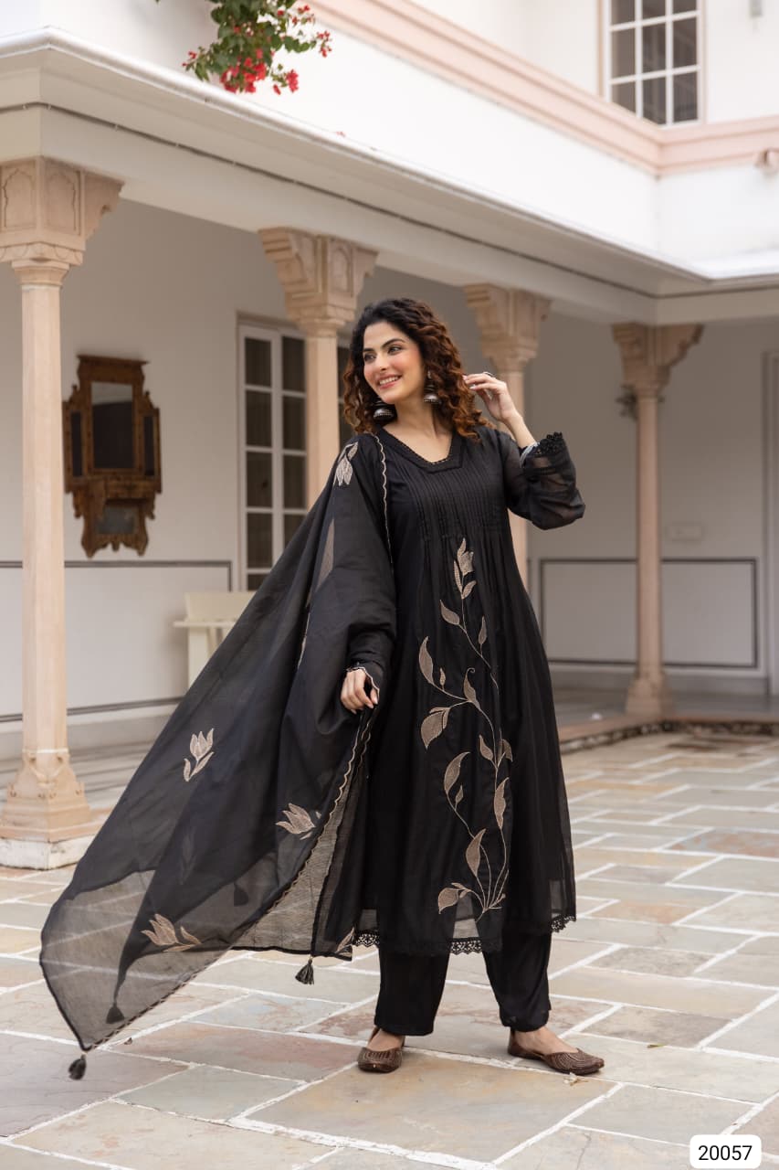 Nirvaya Mul Cotton Embroidered Black 3-Piece Set