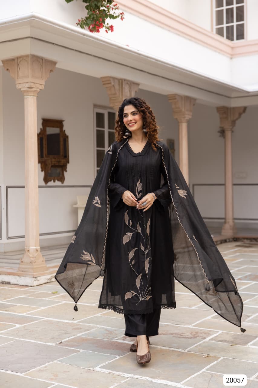 Nirvaya Mul Cotton Embroidered Black 3-Piece Set