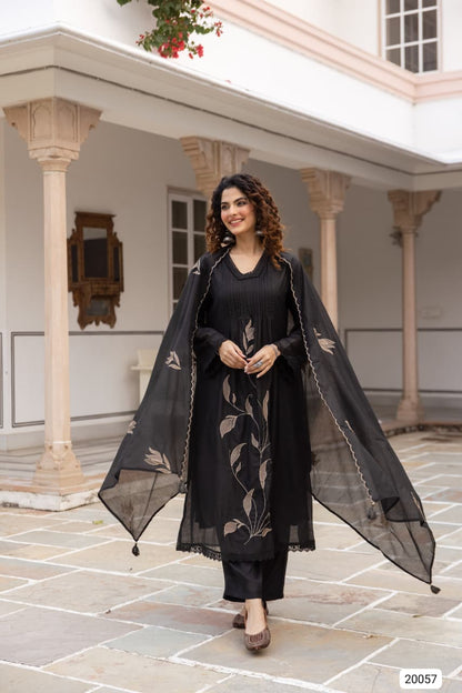 Nirvaya Mul Cotton Embroidered Black 3-Piece Set