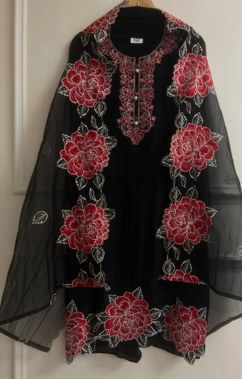 Black red Organza Unstitched embroidered