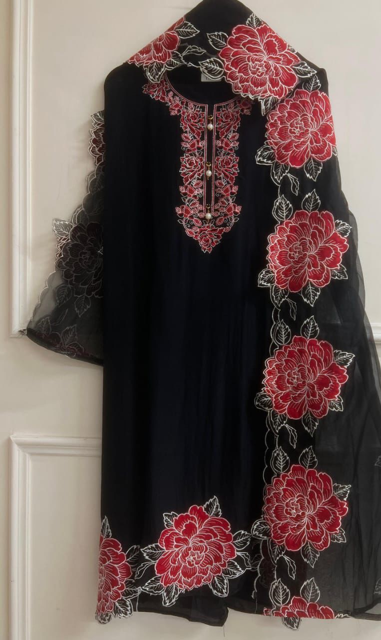 Black red Organza Unstitched embroidered