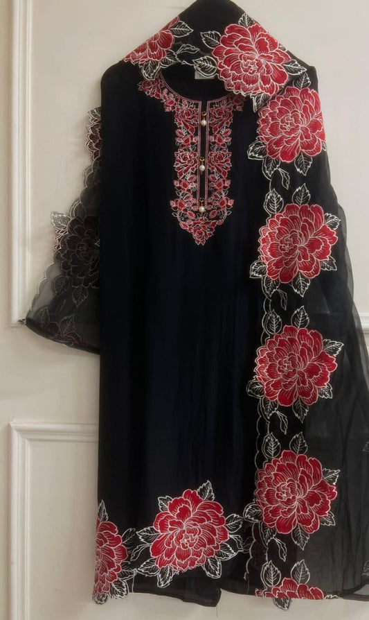 Black red Organza Unstitched embroidered