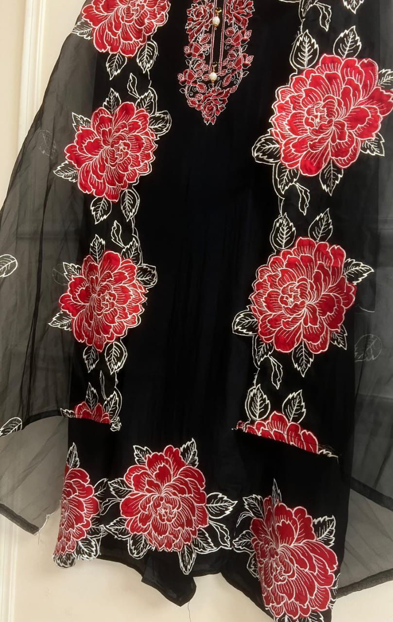 Black red Organza Unstitched embroidered
