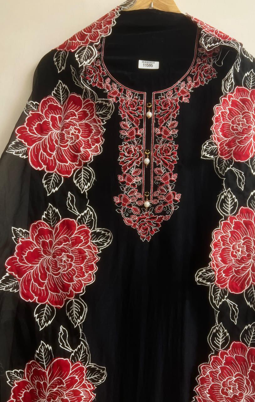 Black red Organza Unstitched embroidered