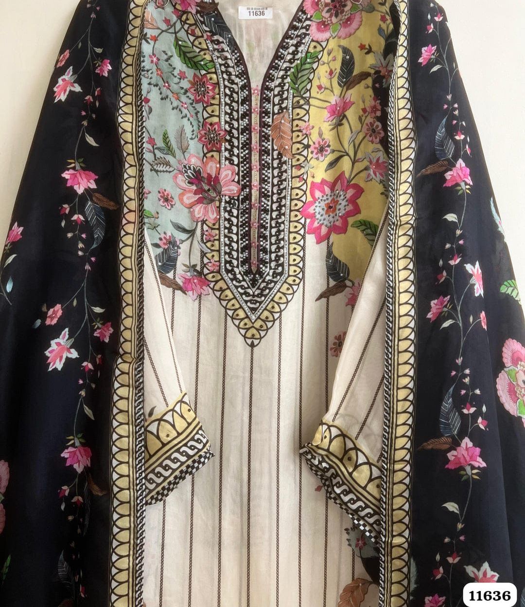 Muslin printed semi -stitched hand embroidered unstitched suit set