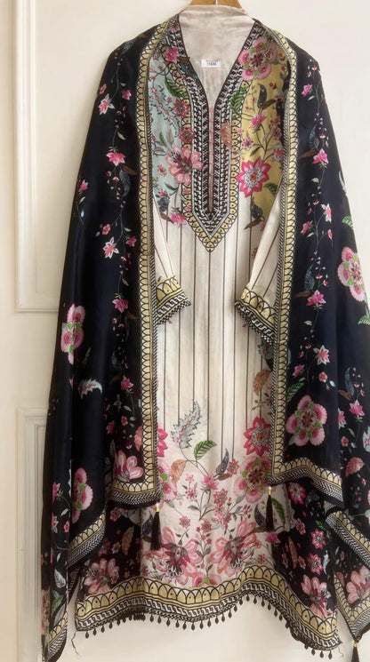 Muslin printed semi -stitched hand embroidered unstitched suit set
