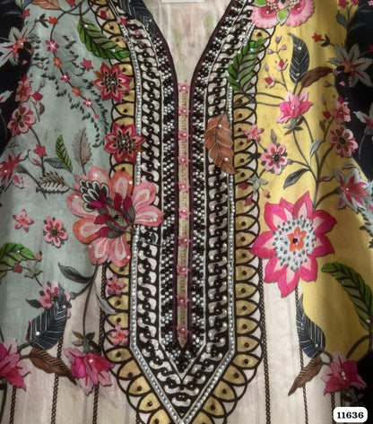Muslin printed semi -stitched hand embroidered unstitched suit set