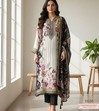 Muslin printed semi -stitched hand embroidered unstitched suit set