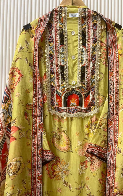 Yellow organza silk semi stitched Pakistani printed hand embroidered unstitched suit set