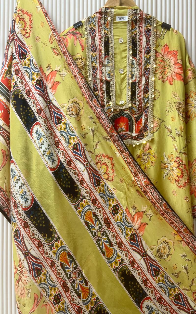 Yellow organza silk semi stitched Pakistani printed hand embroidered unstitched suit set