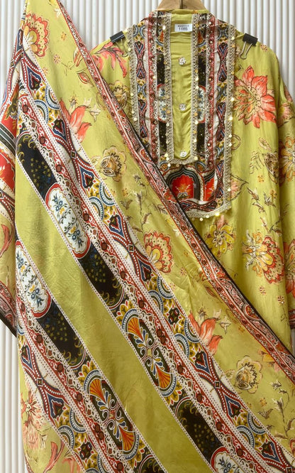 Yellow organza silk semi stitched Pakistani printed hand embroidered unstitched suit set