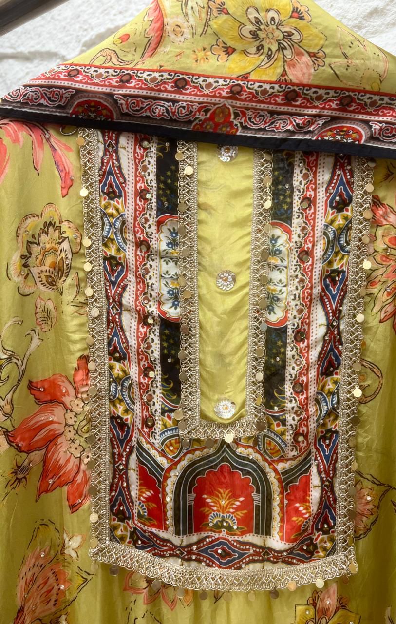 Yellow organza silk semi stitched Pakistani printed hand embroidered unstitched suit set