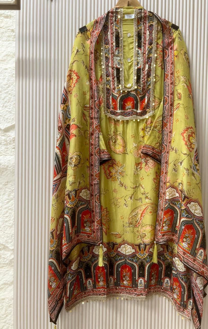 Yellow organza silk semi stitched Pakistani printed hand embroidered unstitched suit set