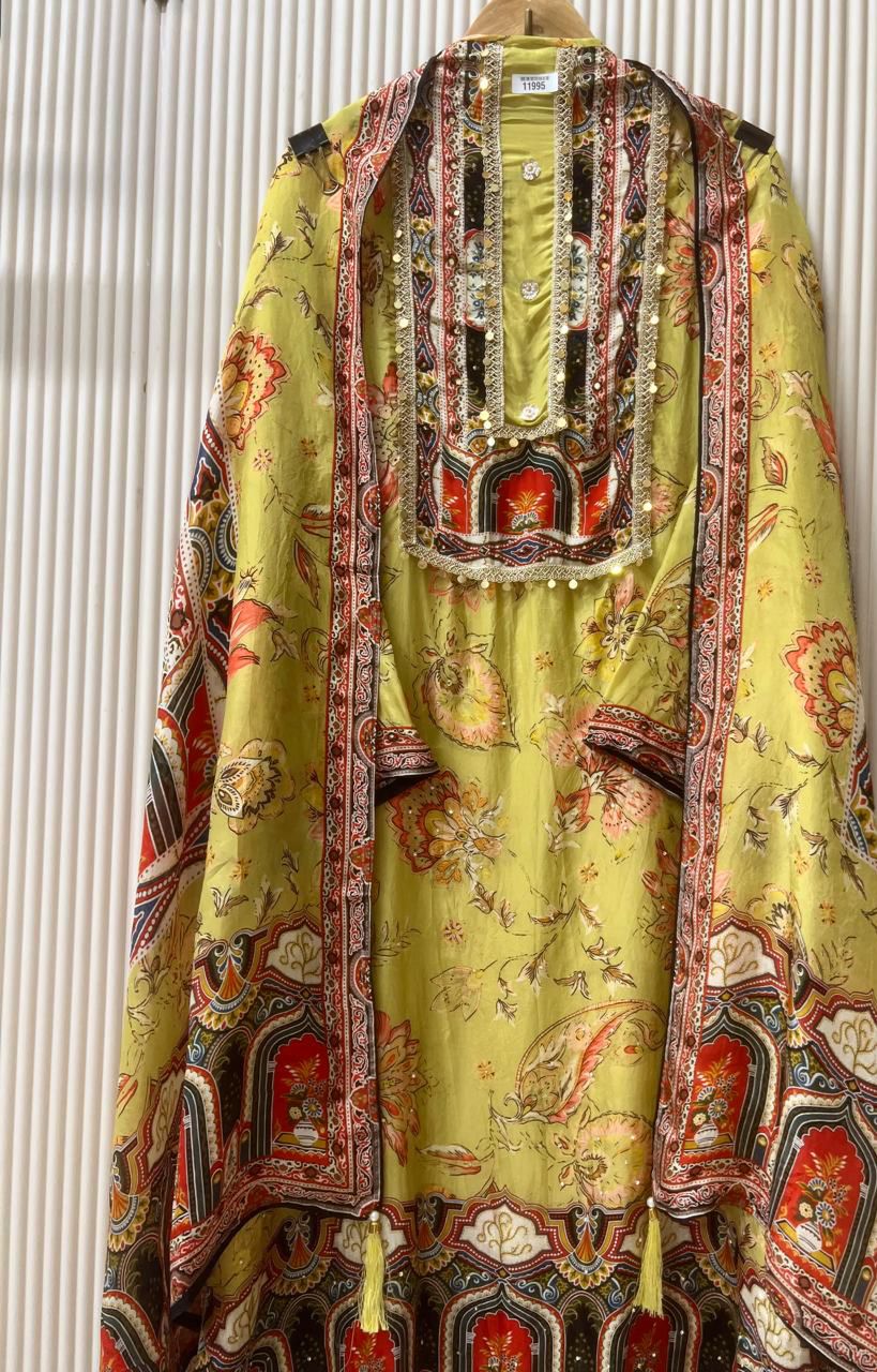 Yellow organza silk semi stitched Pakistani printed hand embroidered unstitched suit set
