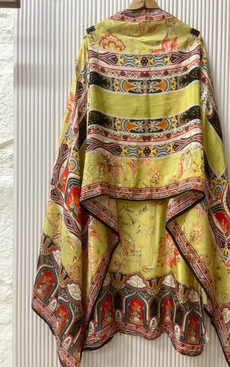 Yellow organza silk semi stitched Pakistani printed hand embroidered unstitched suit set
