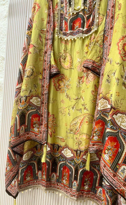 Yellow organza silk semi stitched Pakistani printed hand embroidered unstitched suit set