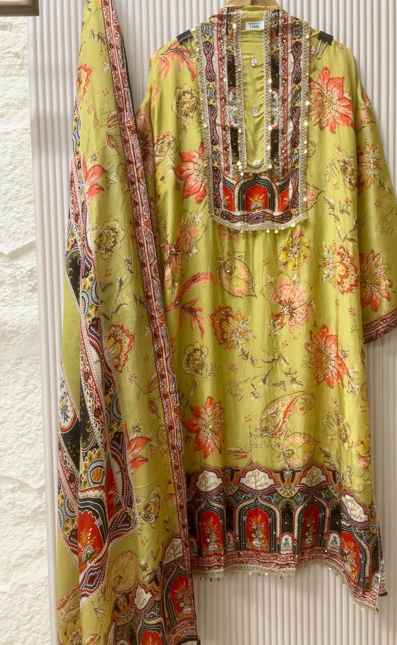 Yellow organza silk semi stitched Pakistani printed hand embroidered unstitched suit set