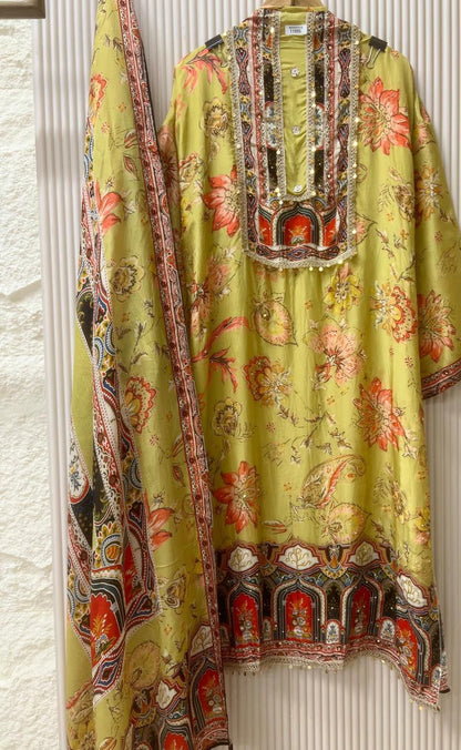 Yellow organza silk semi stitched Pakistani printed hand embroidered unstitched suit set