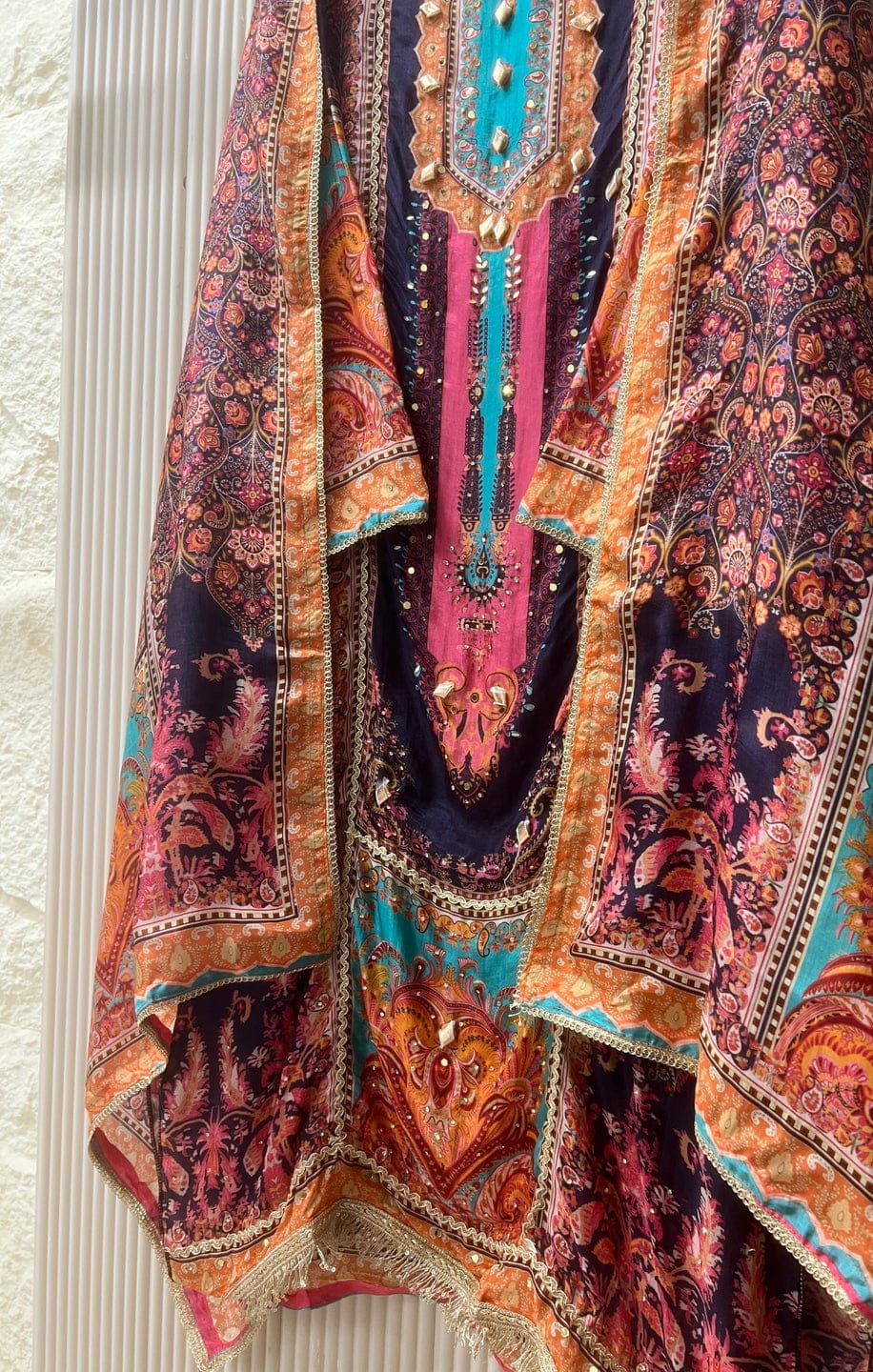 Organza silk semi stitched printed with gota embellishments unstitched set