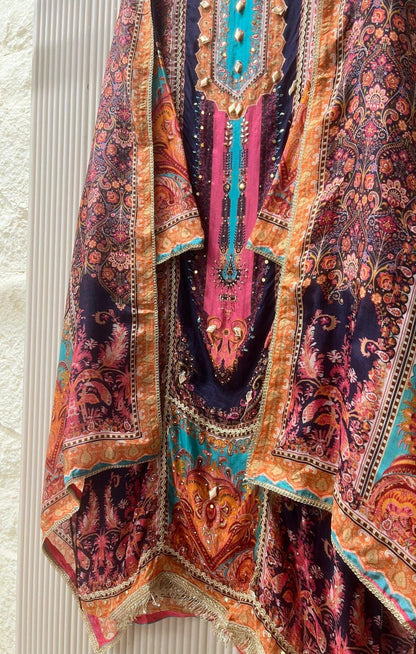 Organza silk semi stitched printed with gota embellishments unstitched set